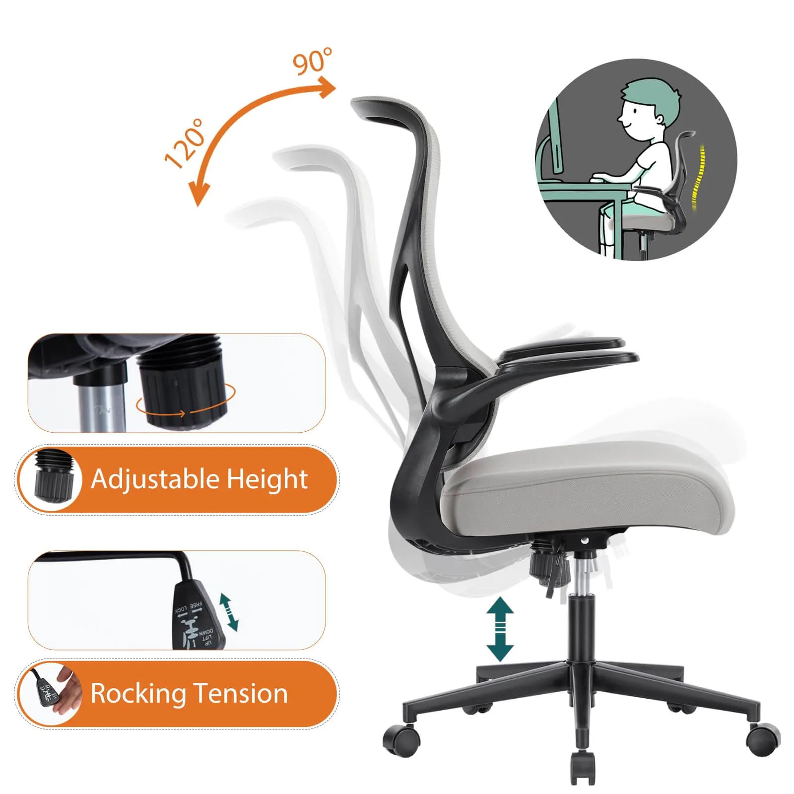 Ergonomic Computer Mesh Chair with Flip-up Armrests,Lumbar Support, Backrest for Home Office