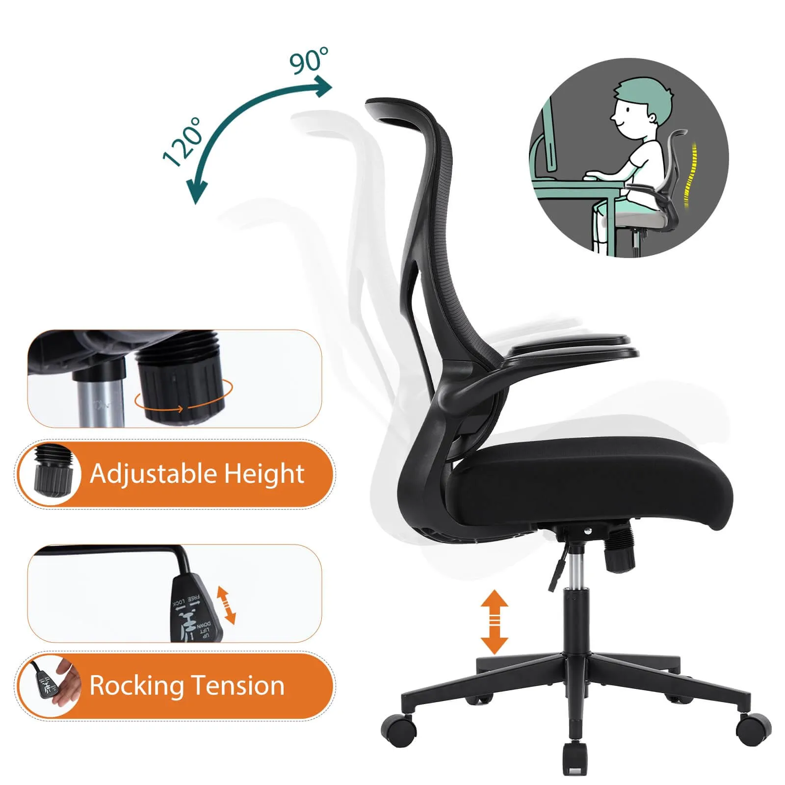 Ergonomic Computer Mesh Chair with Flip-up Armrests,Lumbar Support, Backrest for Home Office