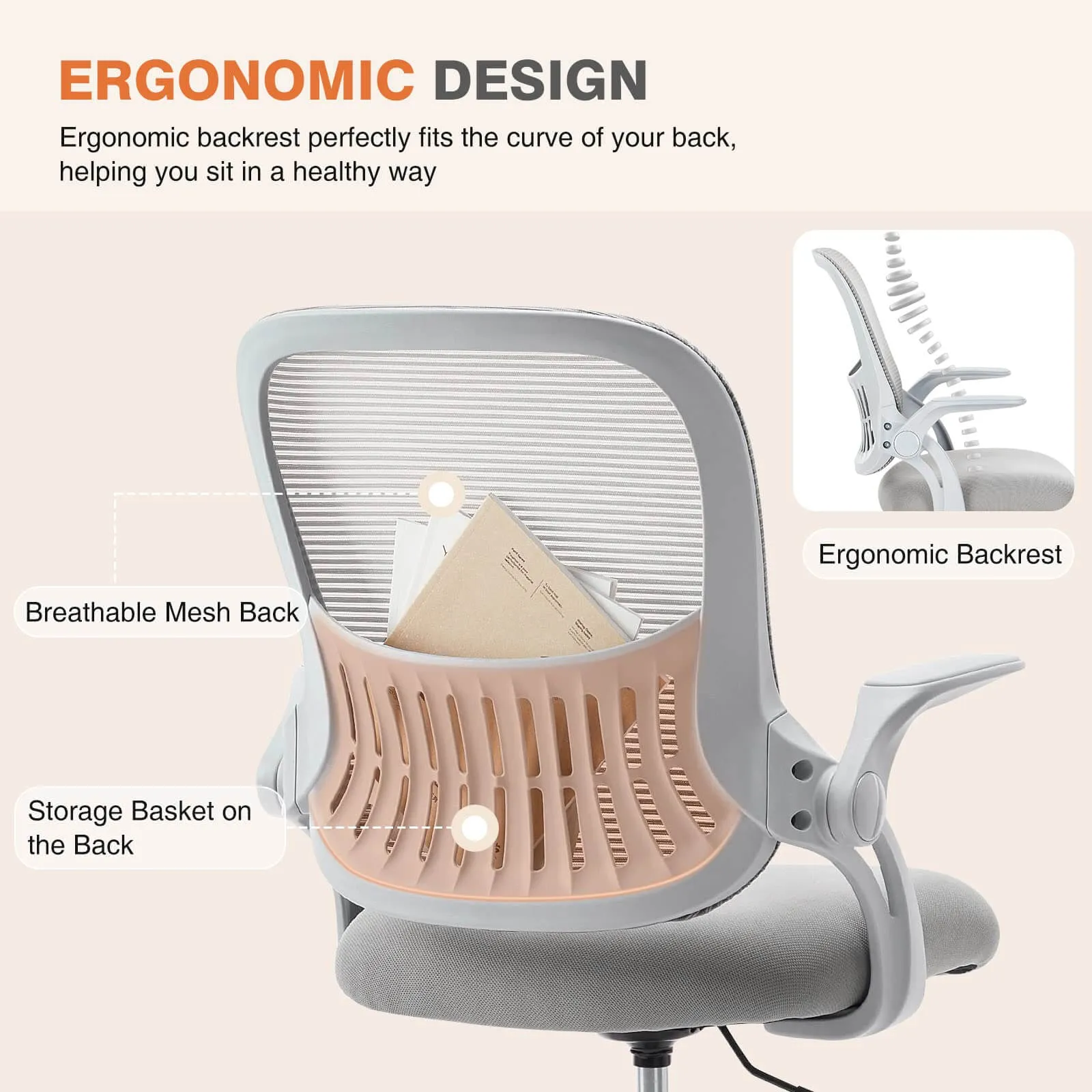 Ergonomic Home Mesh Office Desk Chairs with Flip up Armrests,Lumbar Support