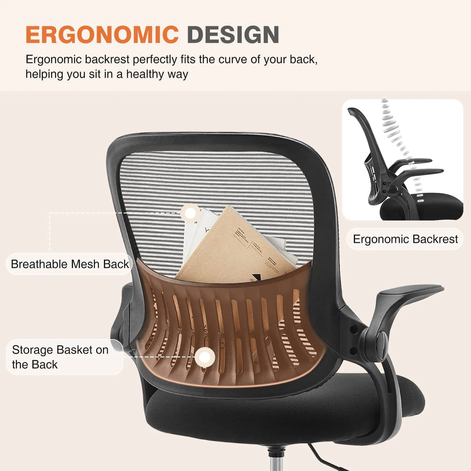 Ergonomic Home Mesh Office Desk Chairs with Flip up Armrests,Lumbar Support