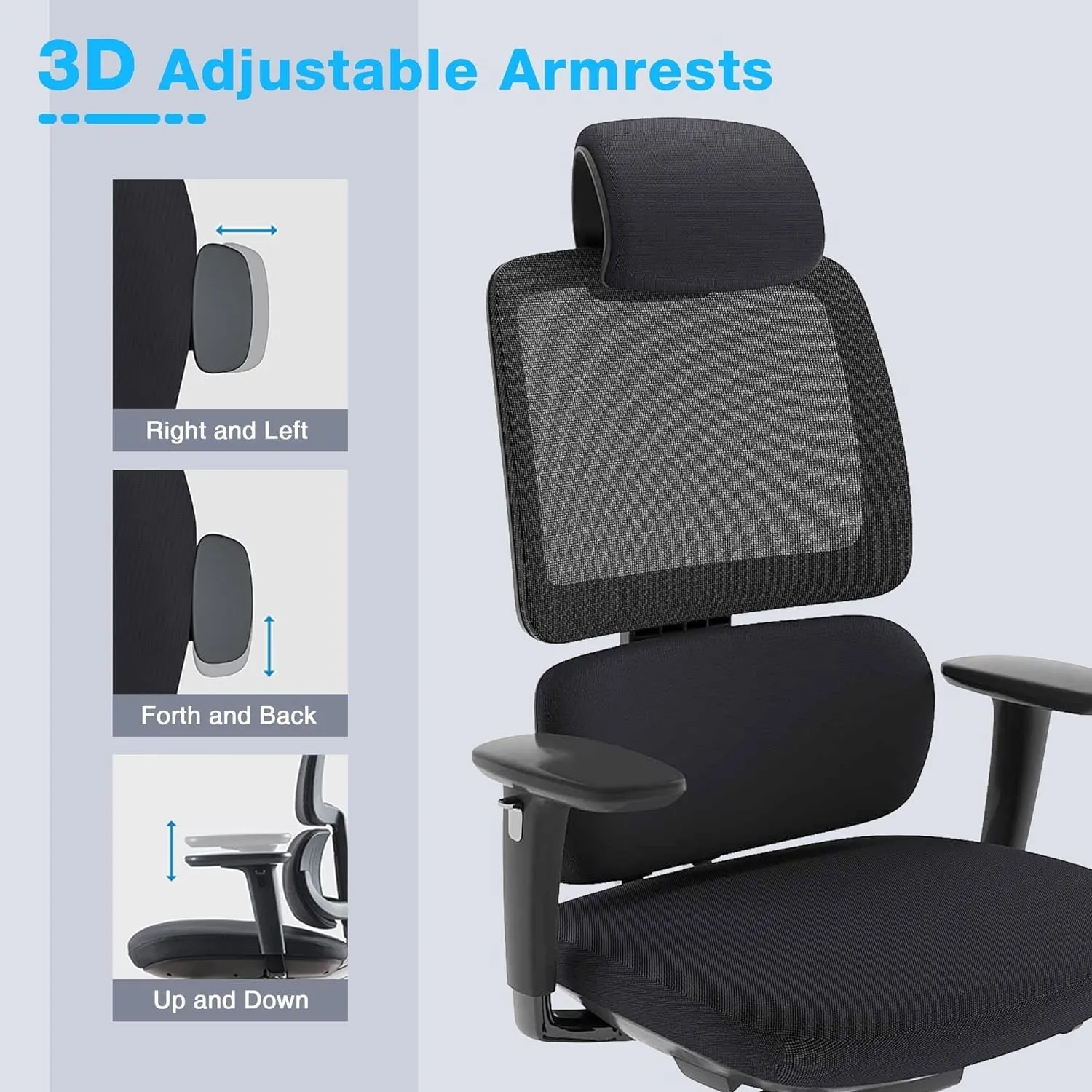 Ergonomic Office Chair, Rolling Desk Chair with Adjustable Lumbar Support, 3D Armrest, Blade Wheels, Mesh Computer Chair with Sliding Seat, Gaming Chairs, Executive Swivel Chair