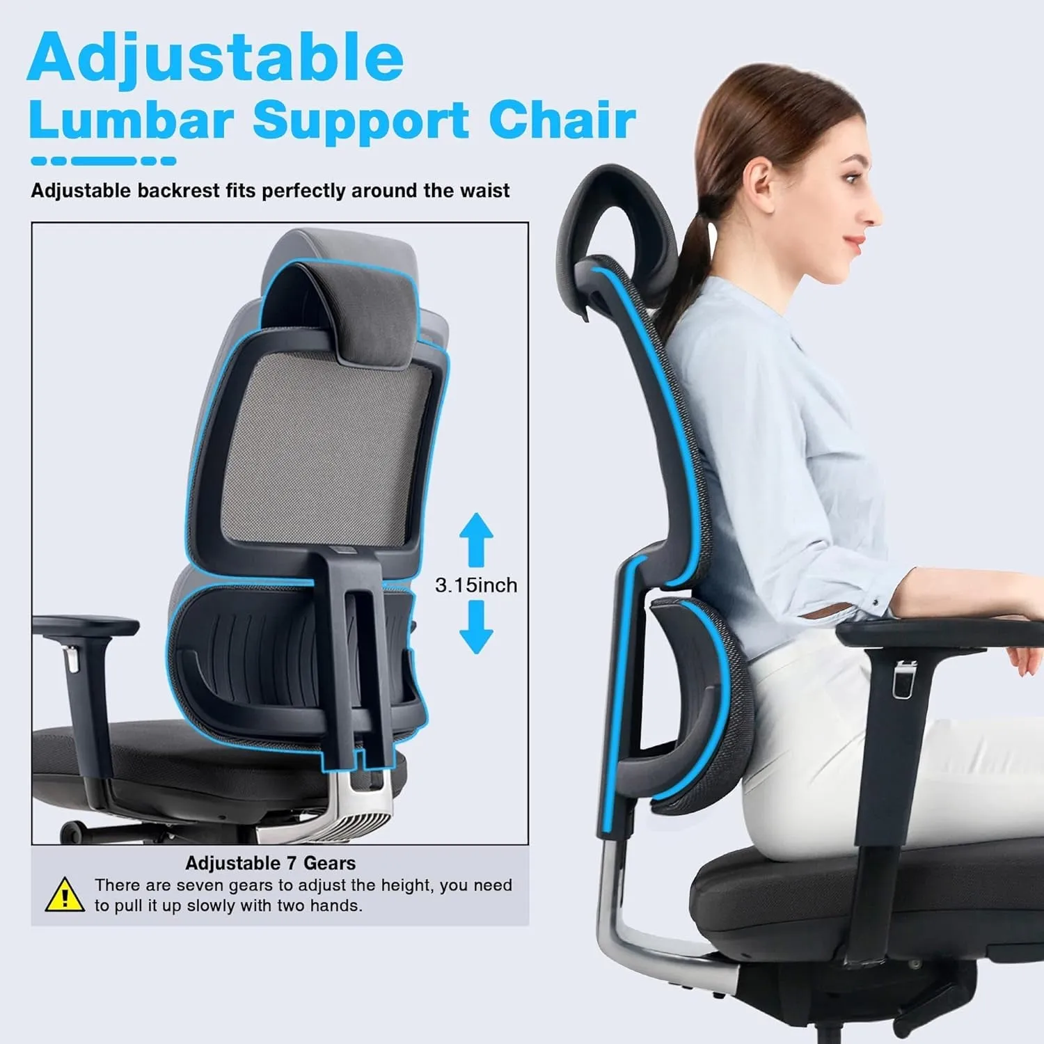Ergonomic Office Chair, Rolling Desk Chair with Adjustable Lumbar Support, 3D Armrest, Blade Wheels, Mesh Computer Chair with Sliding Seat, Gaming Chairs, Executive Swivel Chair