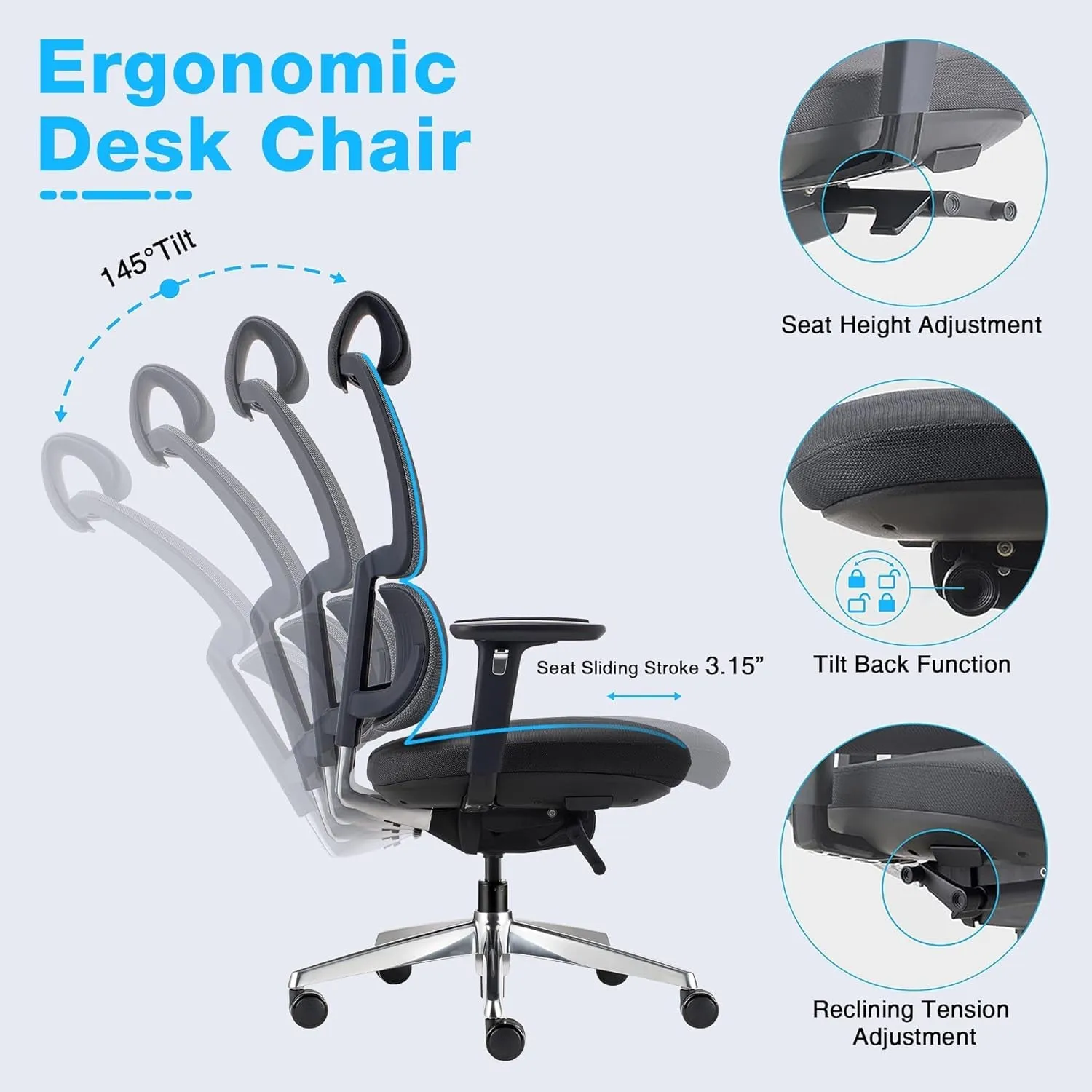 Ergonomic Office Chair, Rolling Desk Chair with Adjustable Lumbar Support, 3D Armrest, Blade Wheels, Mesh Computer Chair with Sliding Seat, Gaming Chairs, Executive Swivel Chair