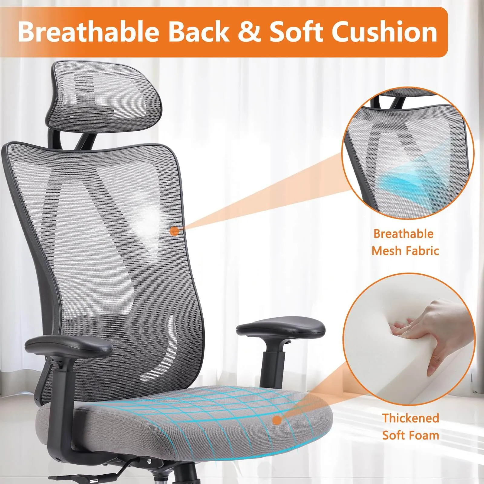 Ergonomic Office Chair with 2D Armrest Adjustable Lumbar Support & Headrest,135°Tilt Function