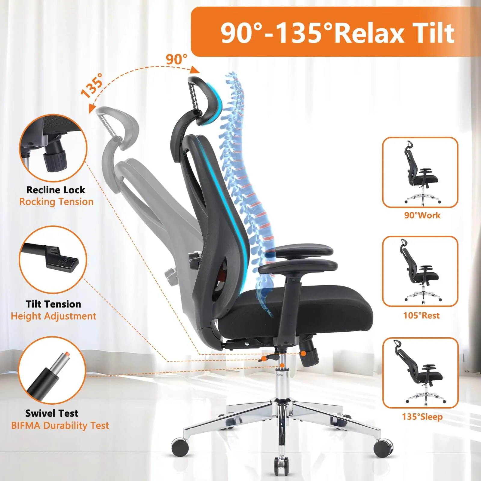 Ergonomic Office Chair with 2D Armrest Adjustable Lumbar Support & Headrest,135°Tilt Function