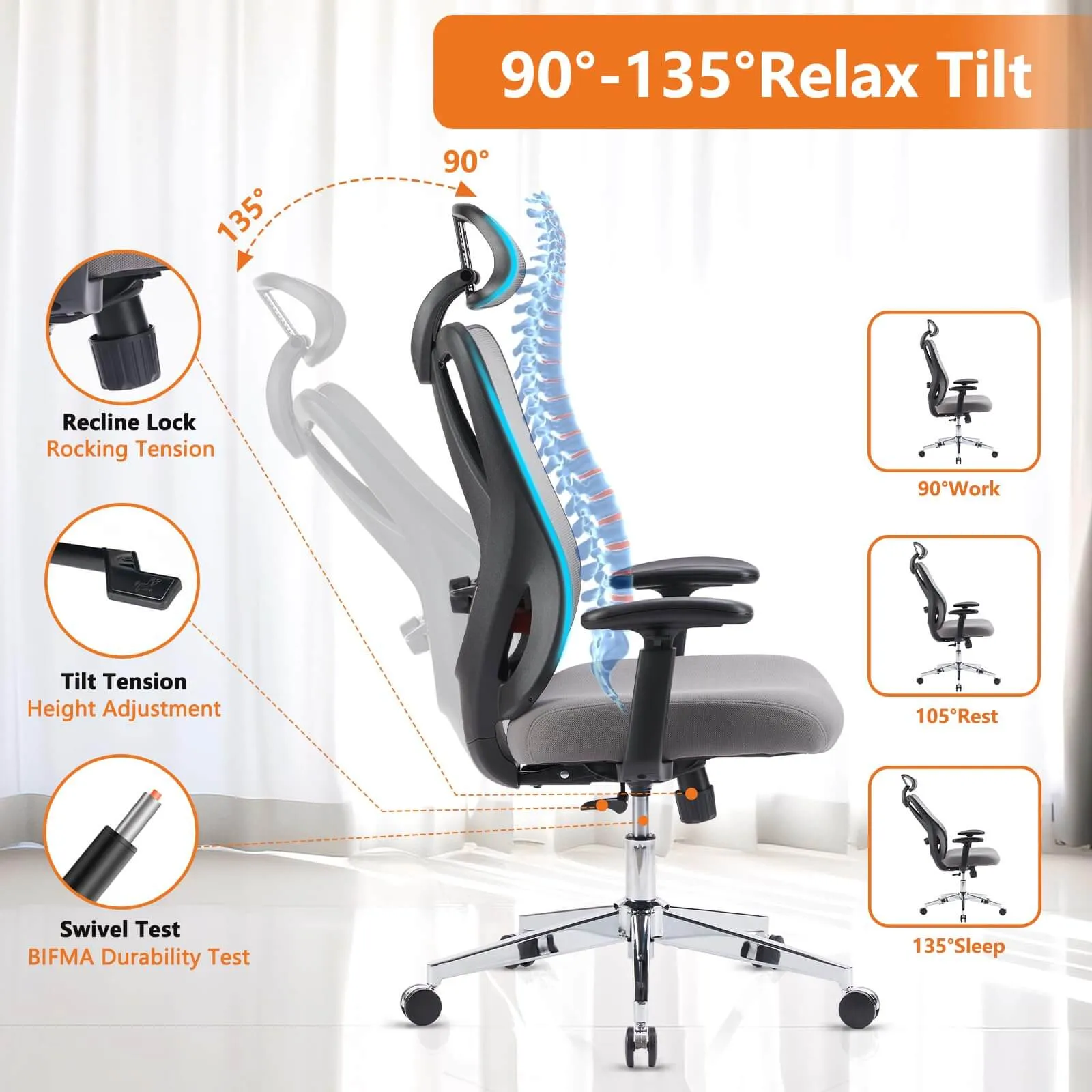 Ergonomic Office Chair with 2D Armrest Adjustable Lumbar Support & Headrest,135°Tilt Function