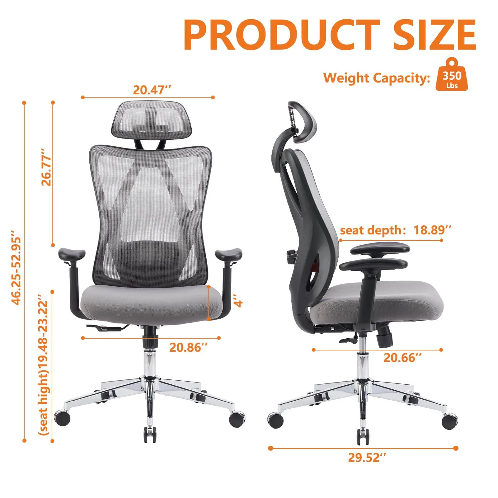 Ergonomic Office Chair with 2D Armrest Adjustable Lumbar Support & Headrest,135°Tilt Function