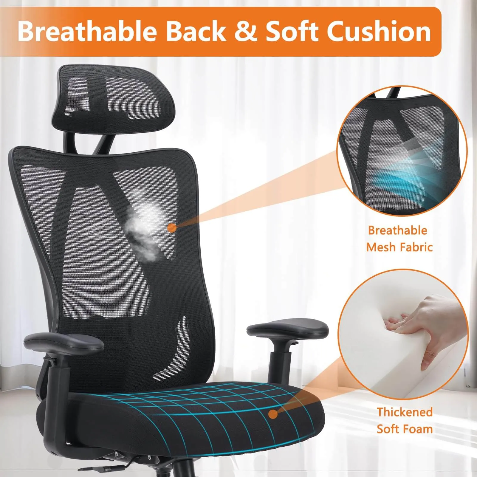 Ergonomic Office Chair with 2D Armrest Adjustable Lumbar Support & Headrest,135°Tilt Function