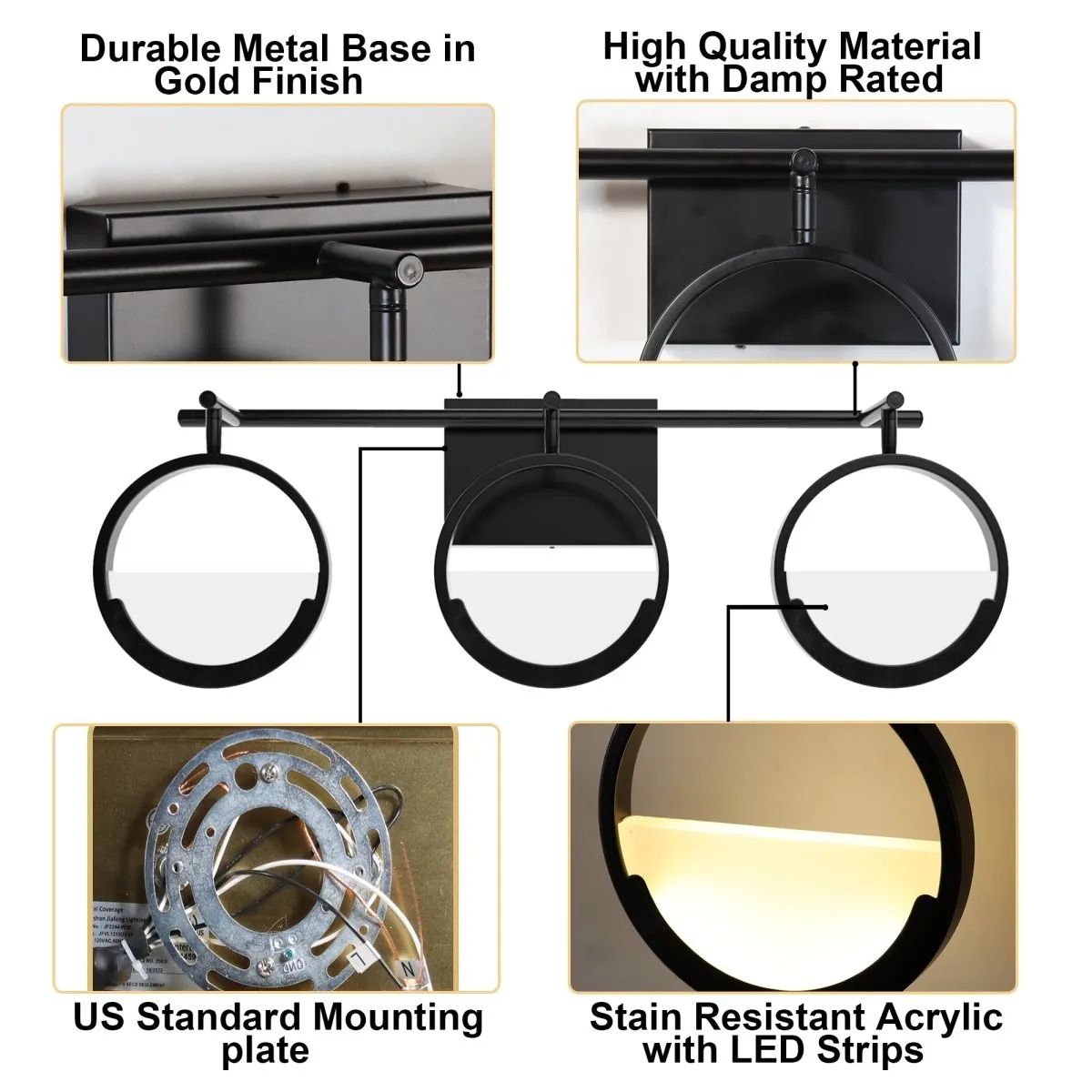 ExBrite Modern Simplicity LED Vanity Light with Rotatable Heads and Dimmable Brightness, Black