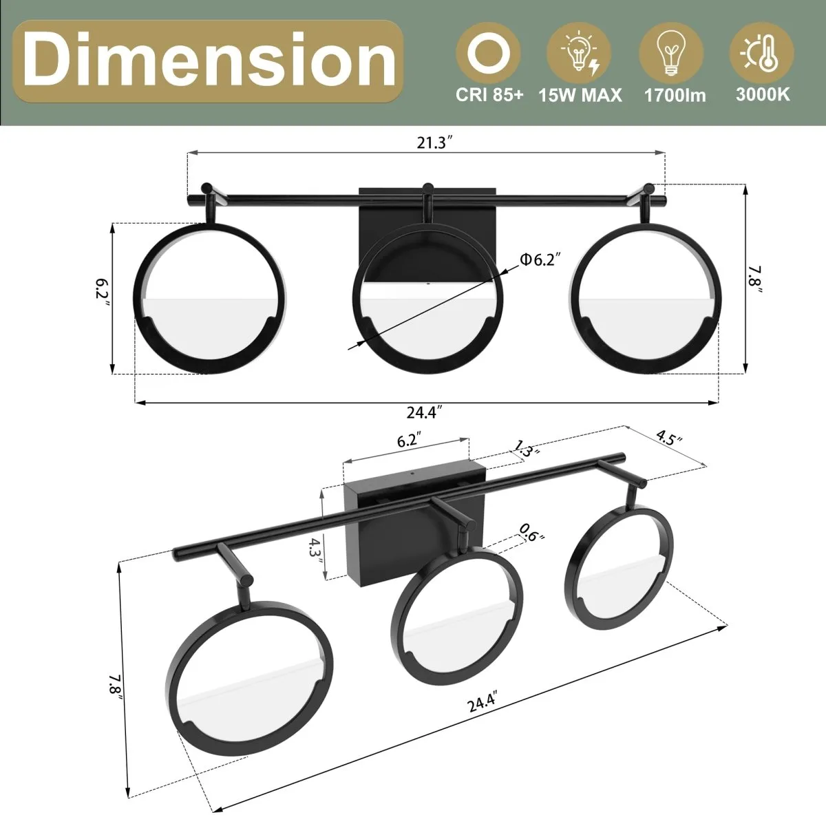 ExBrite Modern Simplicity LED Vanity Light with Rotatable Heads and Dimmable Brightness, Black
