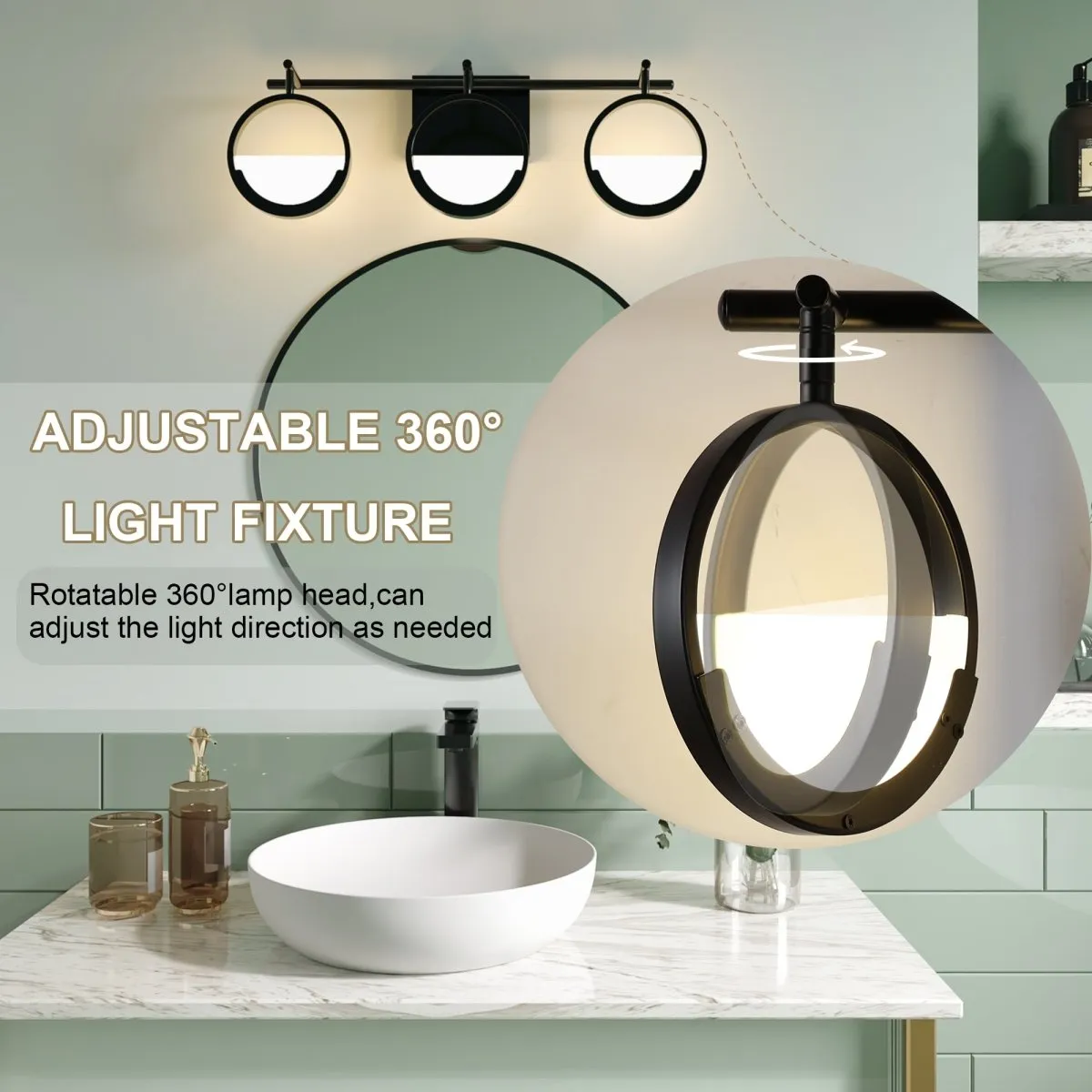 ExBrite Modern Simplicity LED Vanity Light with Rotatable Heads and Dimmable Brightness, Black