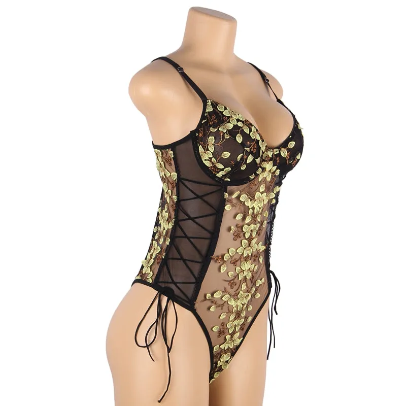 Fashion Embroidery Black Mesh Bodysuit With Underwire