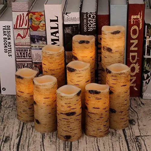 Flameless Candles Battery Operated Birch Candles Set of 9 Real Wax Pillar LED Candles with 10-Key Remote Control 2/4/6/8 Hours Timer