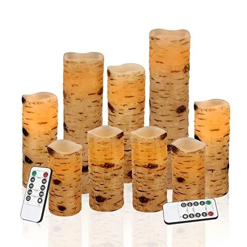 Flameless Candles Battery Operated Birch Candles Set of 9 Real Wax Pillar LED Candles with 10-Key Remote Control 2/4/6/8 Hours Timer