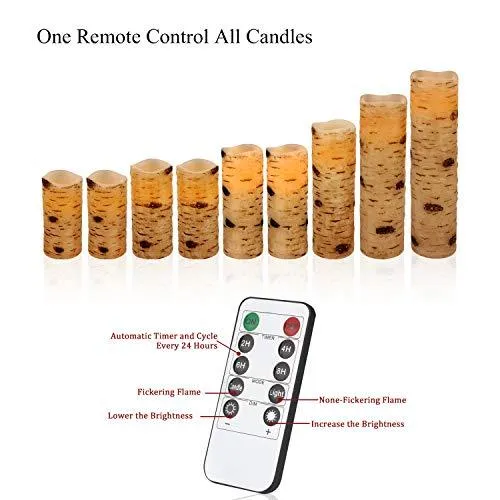 Flameless Candles Battery Operated Birch Candles Set of 9 Real Wax Pillar LED Candles with 10-Key Remote Control 2/4/6/8 Hours Timer