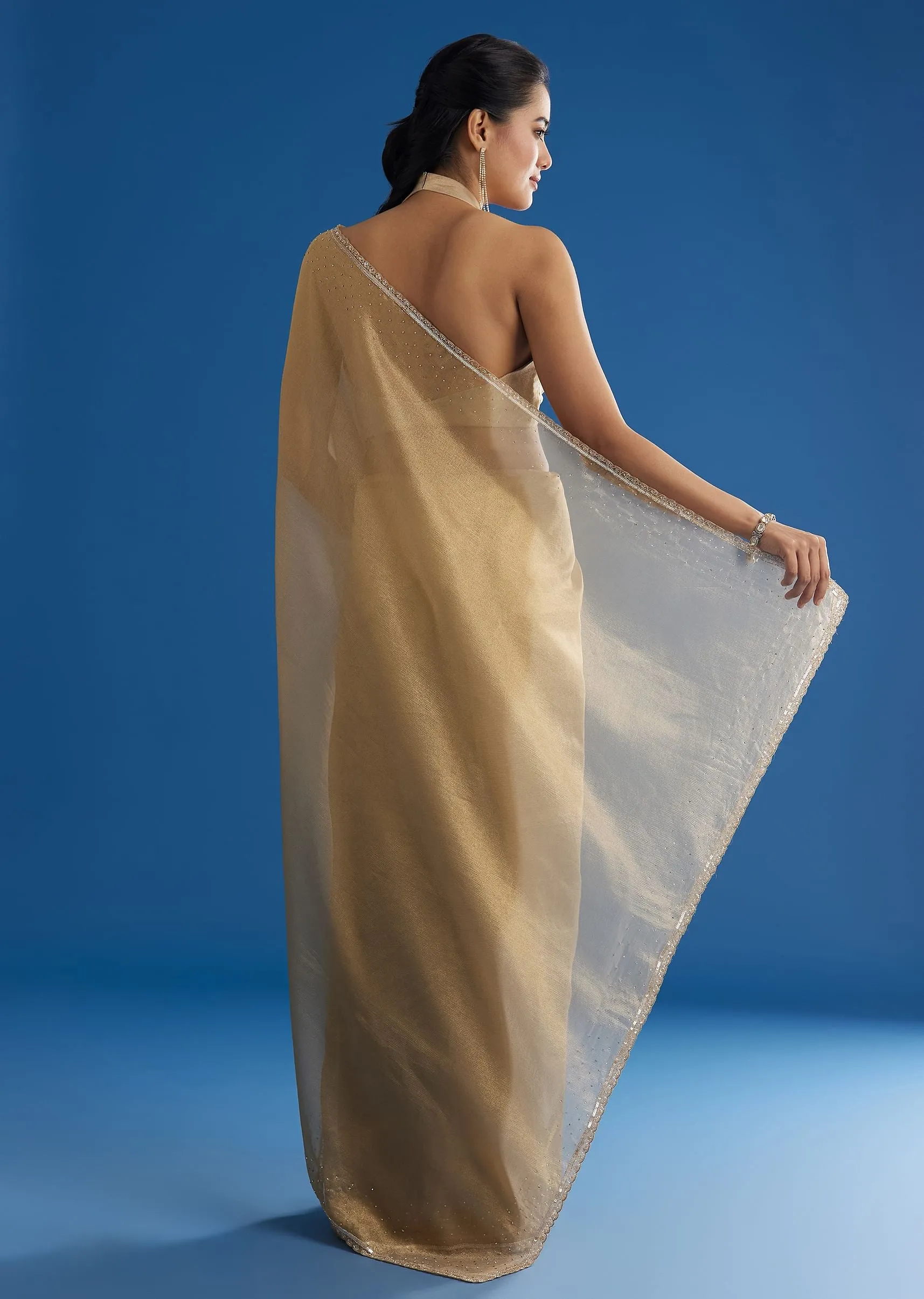 Gold Tissue Saree With Cutdana Sequins And Beads Embroidery