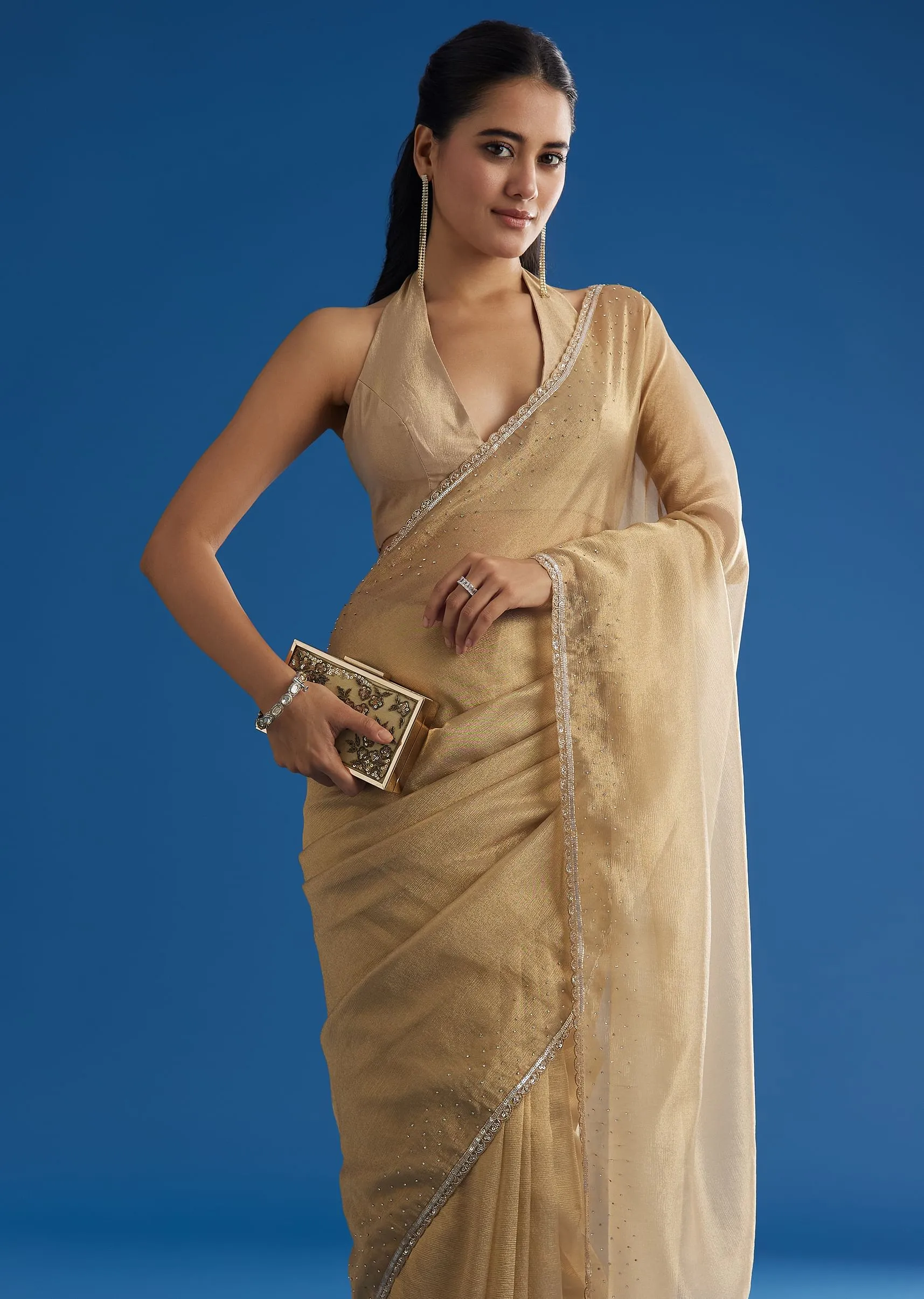 Gold Tissue Saree With Cutdana Sequins And Beads Embroidery