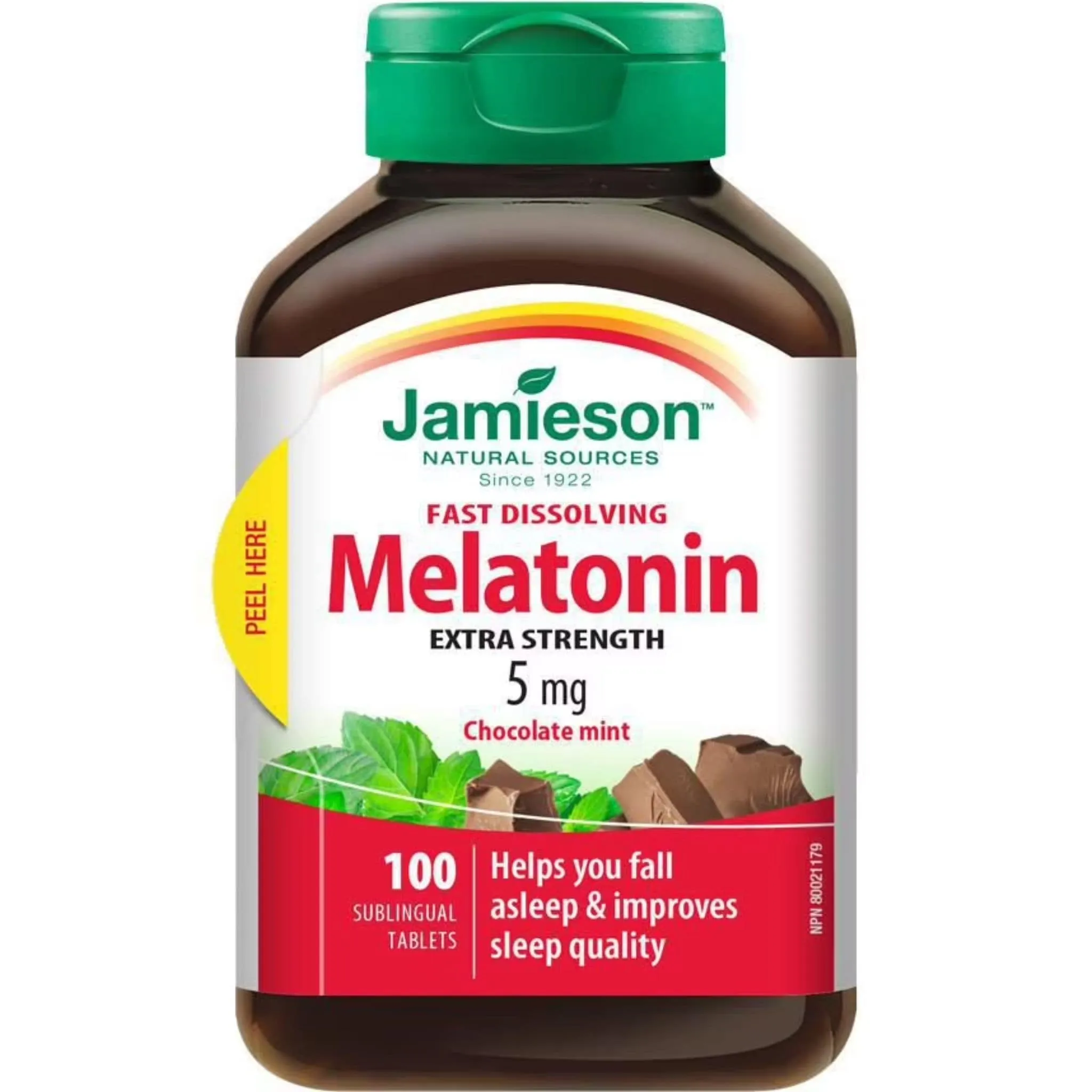 Jamieson Melatonin 5mg, Fast Dissolving Chocolate Mint, 100 Sublingual Tablets