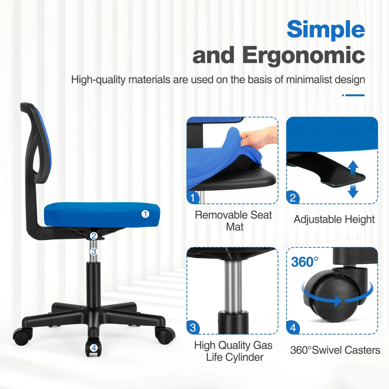 Low-Back Mesh Armless Office Chair,Swivel Rolling Computer Chair No Arms with Lumbar Support