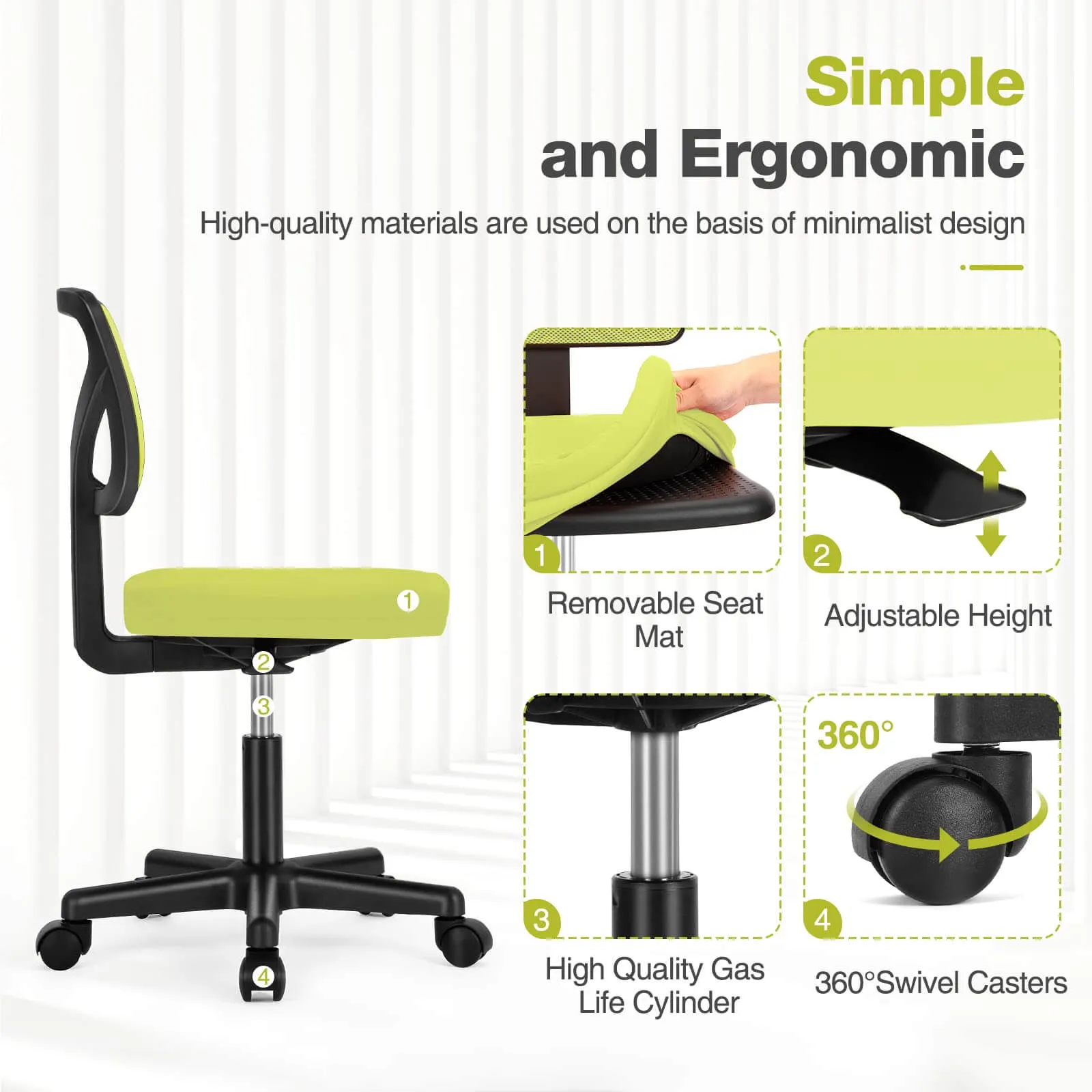 Low-Back Mesh Armless Office Chair,Swivel Rolling Computer Chair No Arms with Lumbar Support