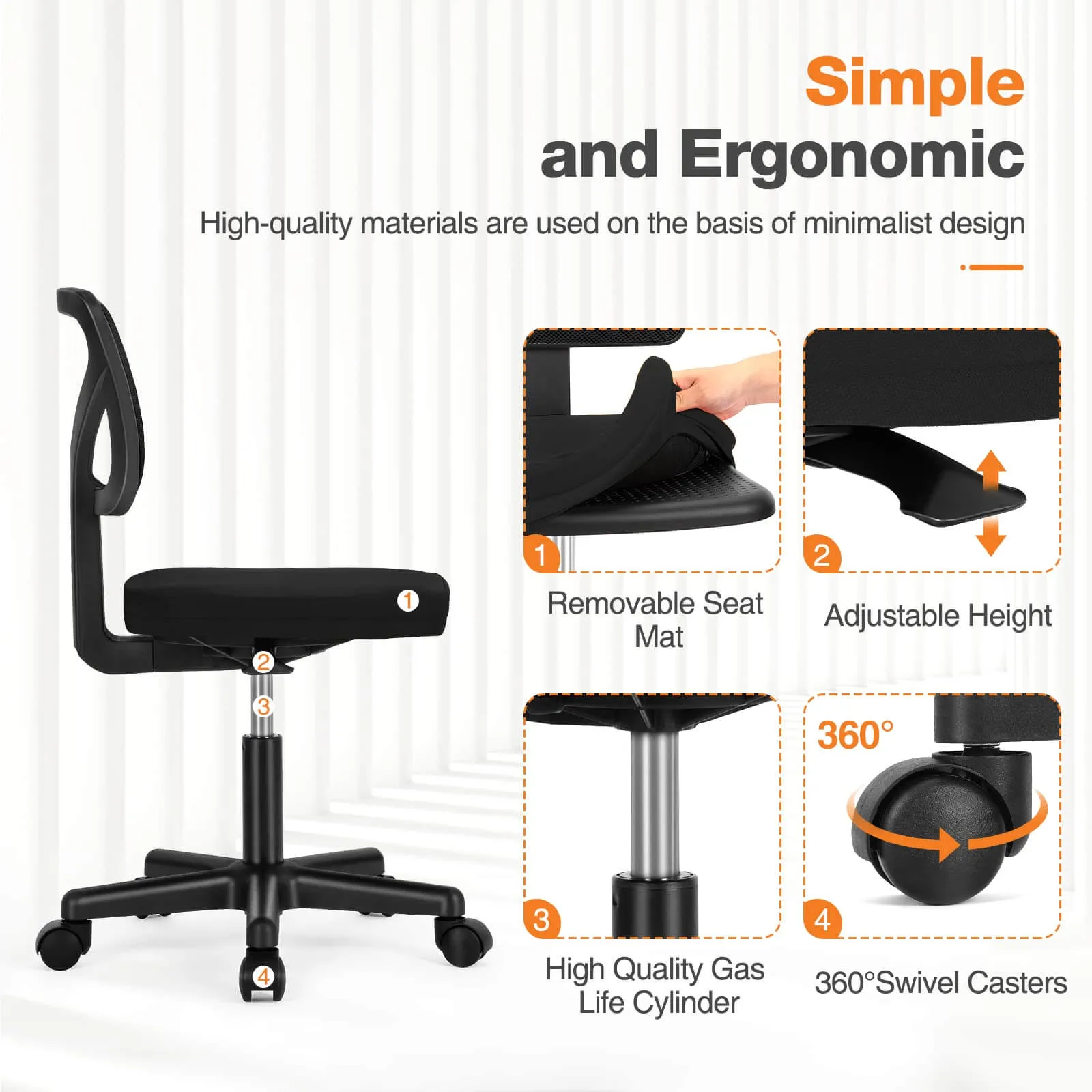 Low-Back Mesh Armless Office Chair,Swivel Rolling Computer Chair No Arms with Lumbar Support
