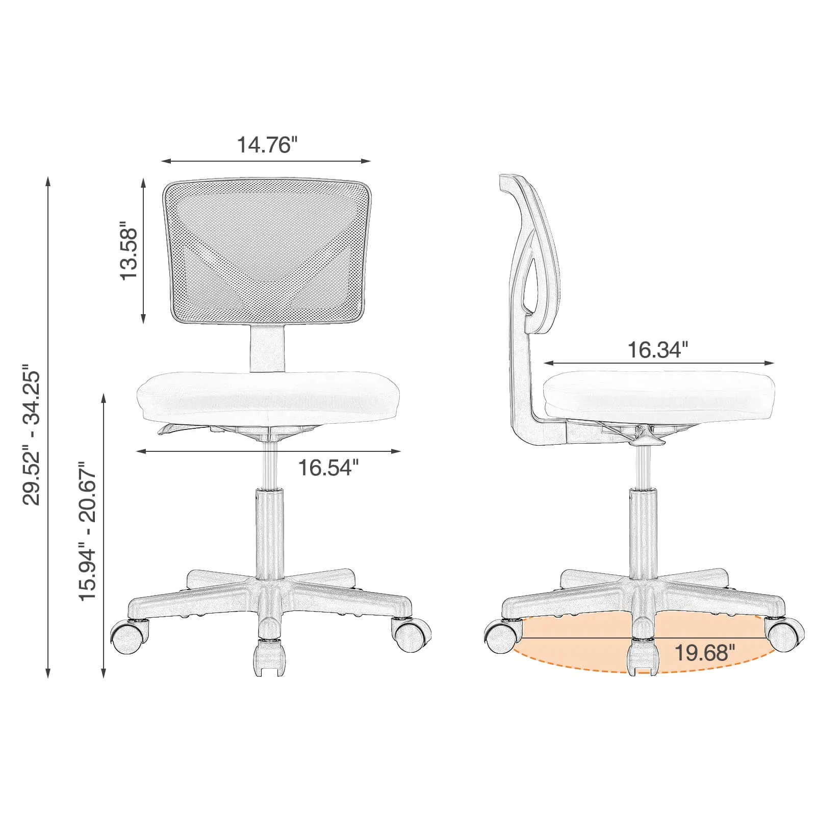 Low-Back Mesh Armless Office Chair,Swivel Rolling Computer Chair No Arms with Lumbar Support