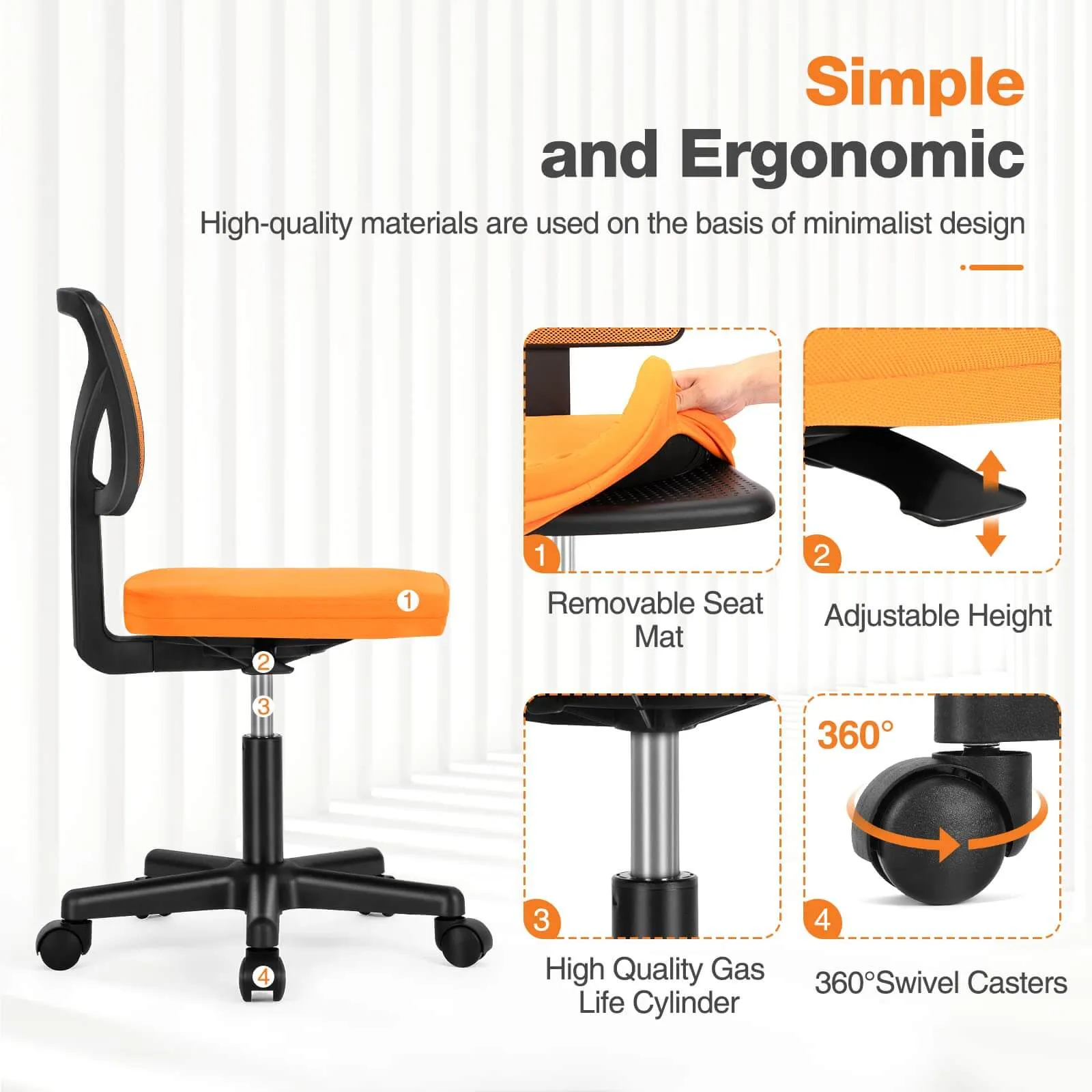 Low-Back Mesh Armless Office Chair,Swivel Rolling Computer Chair No Arms with Lumbar Support