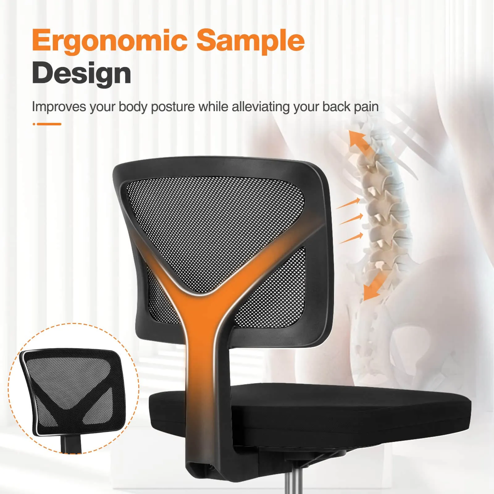 Low-Back Mesh Armless Office Chair,Swivel Rolling Computer Chair No Arms with Lumbar Support