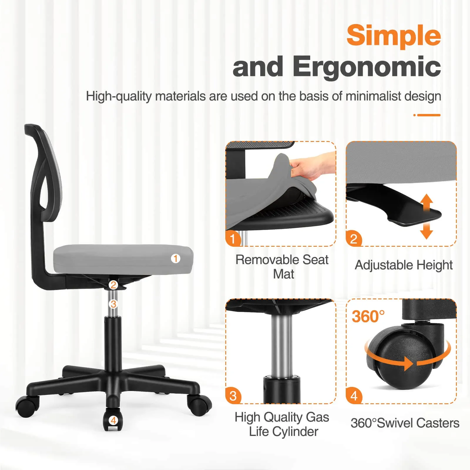 Low-Back Mesh Armless Office Chair,Swivel Rolling Computer Chair No Arms with Lumbar Support
