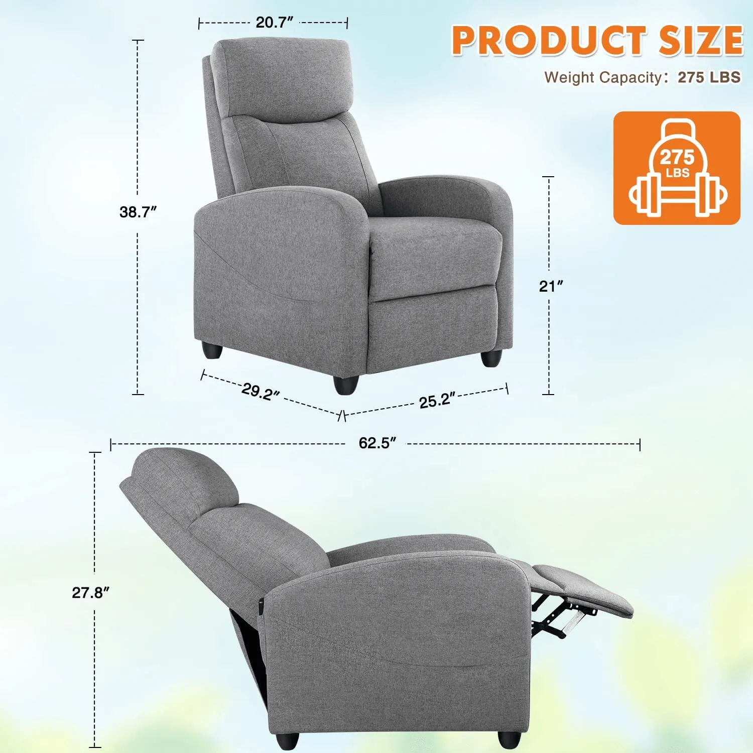 Manual Recliner Chair Winback Single Sofa,Massage and Heating,Casual Chair For Living Room
