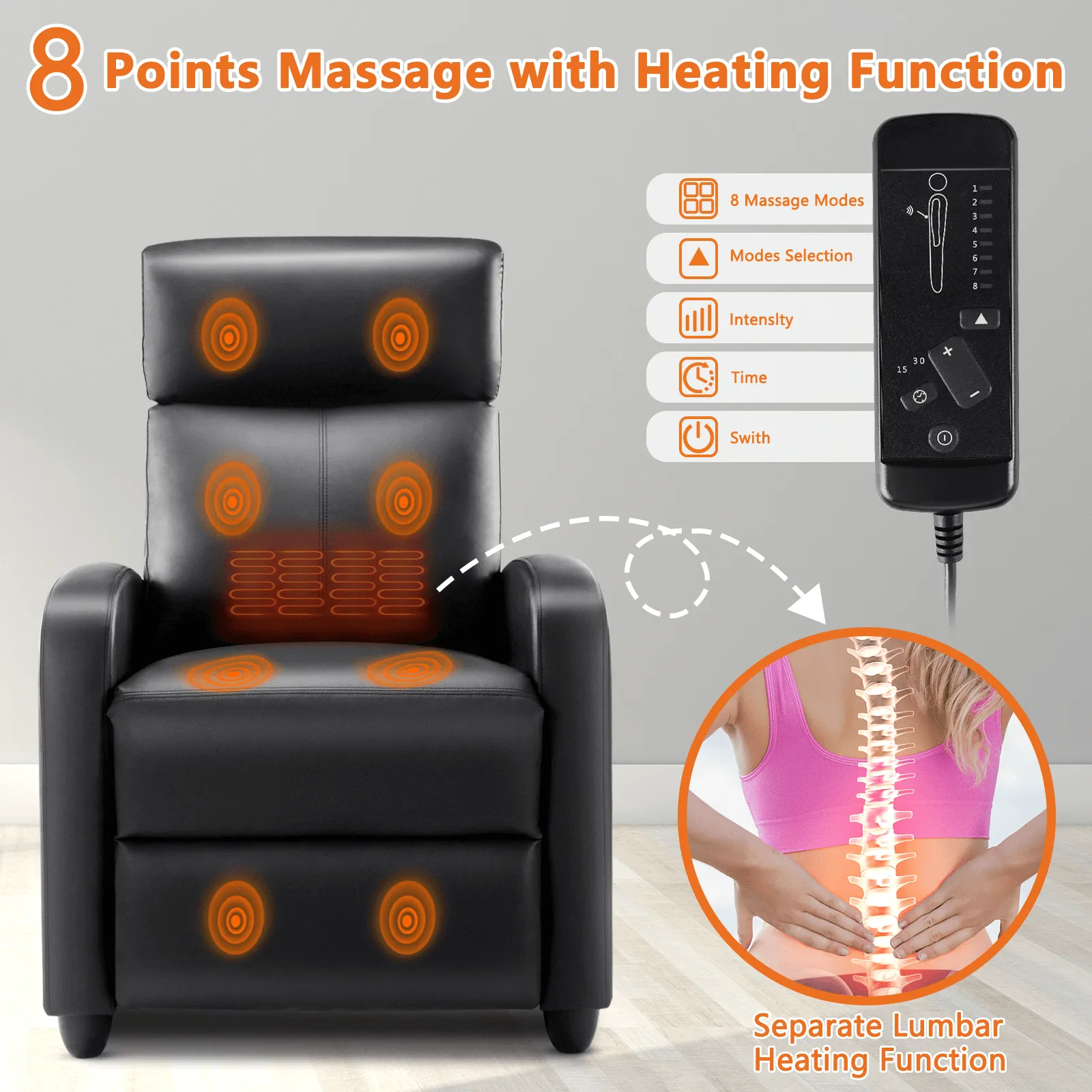Manual Recliner Chair Winback Single Sofa,Massage and Heating,Casual Chair For Living Room