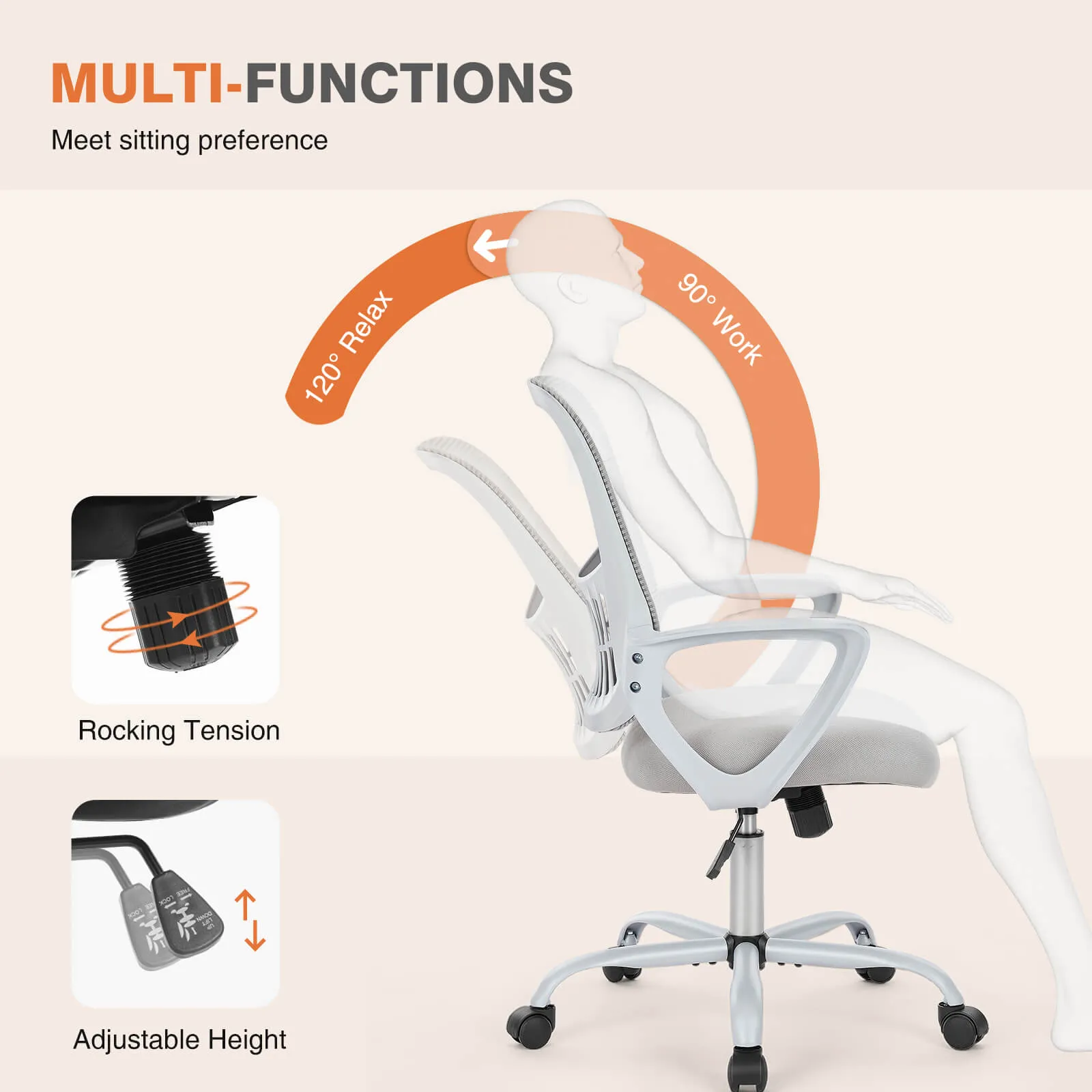Office chair, ergonomic, adjustable height, with lumbar support and armrests, suitable for home, office.