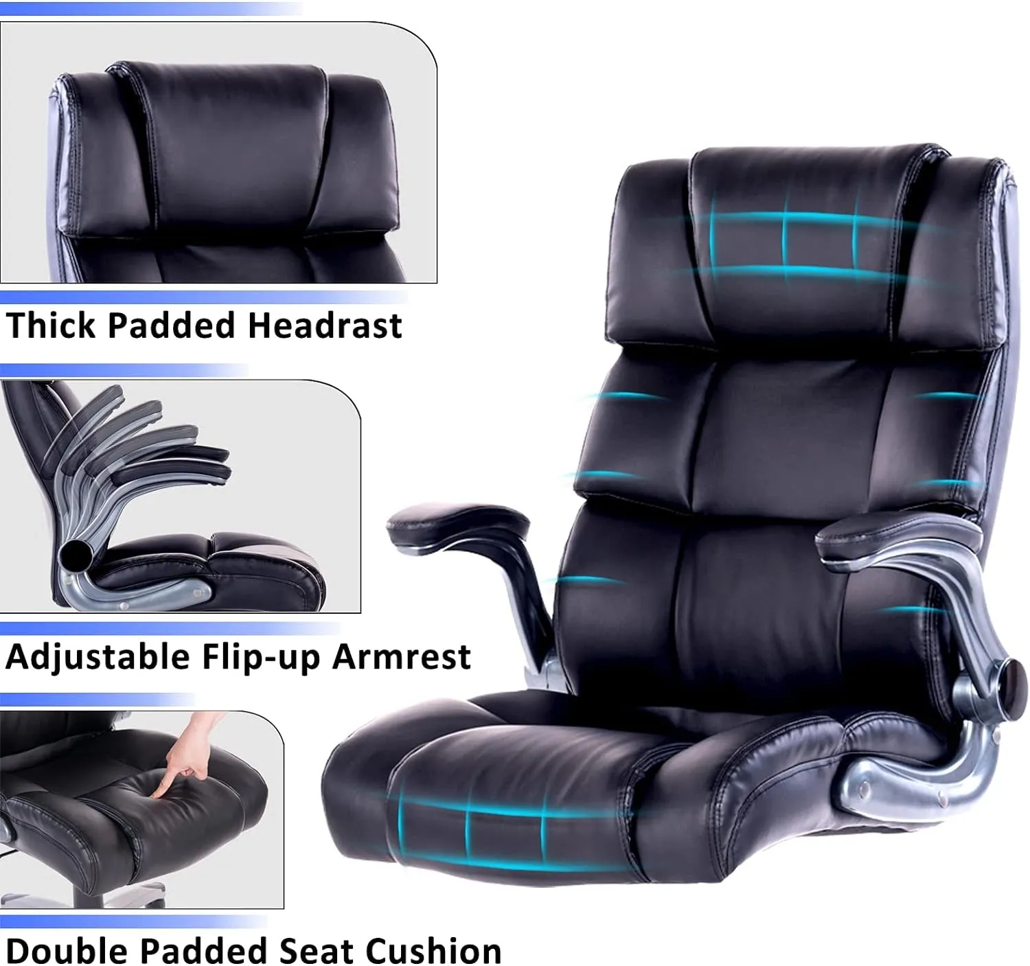 Office Chair,Adjustable Computer Chair PU Leather Swivel Task Chair Flip-Up Armrests Ergonomic Desk Chair with Thick Padded Lumbar Support (9028-Balck)