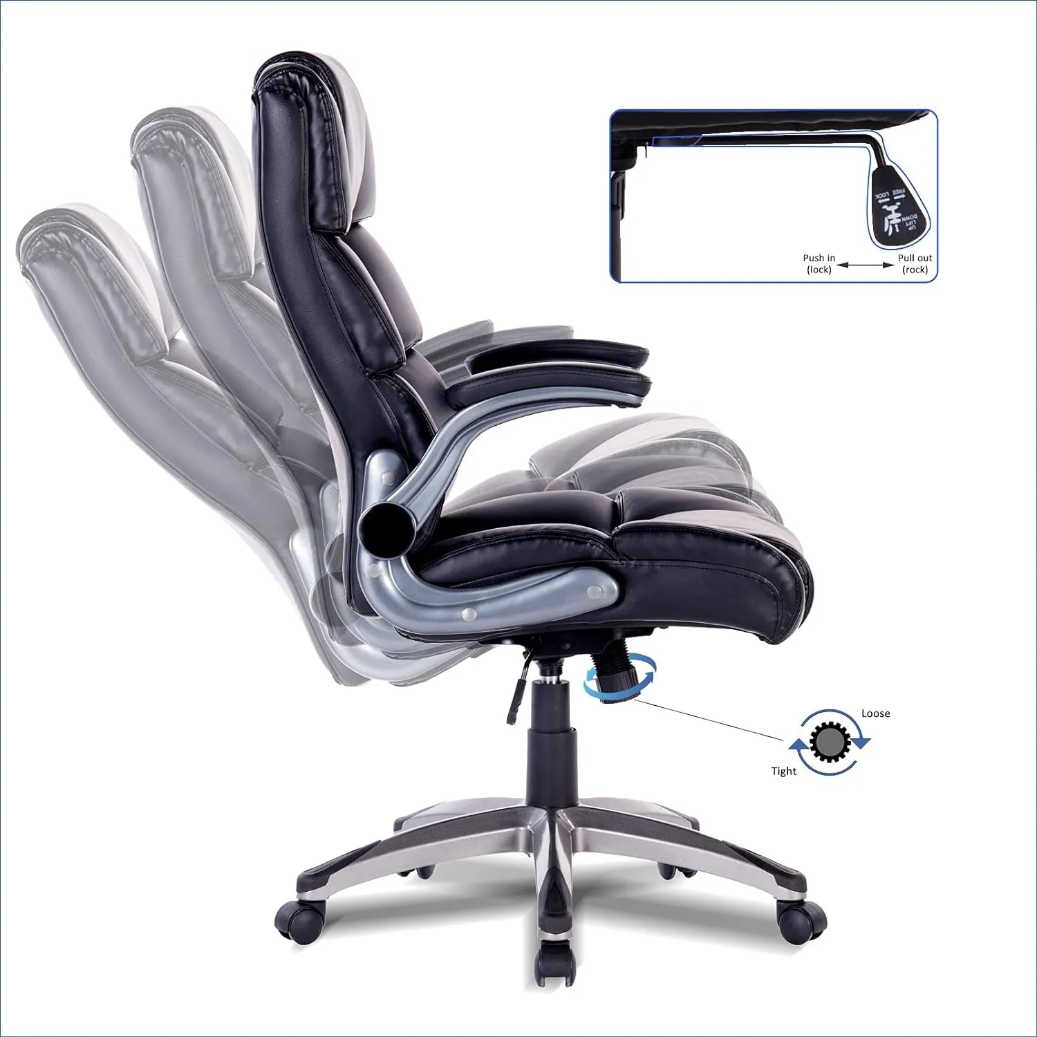 Office Chair,Adjustable Computer Chair PU Leather Swivel Task Chair Flip-Up Armrests Ergonomic Desk Chair with Thick Padded Lumbar Support (9028-Balck)