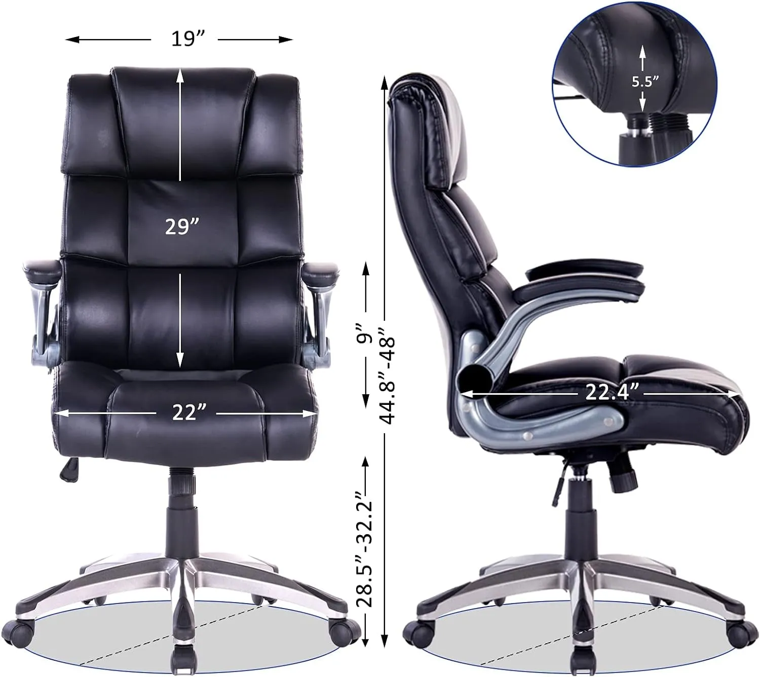 Office Chair,Adjustable Computer Chair PU Leather Swivel Task Chair Flip-Up Armrests Ergonomic Desk Chair with Thick Padded Lumbar Support (9028-Balck)
