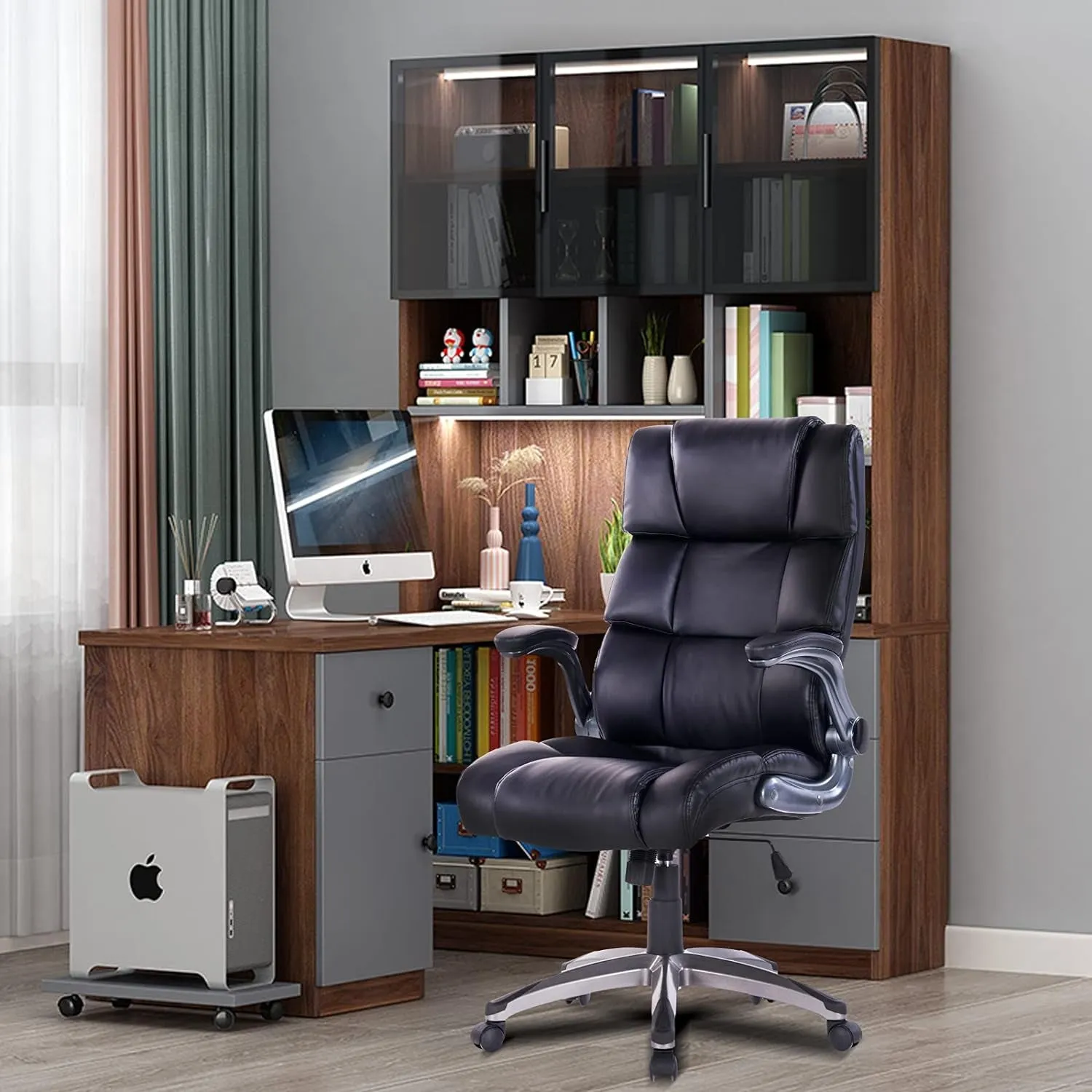 Office Chair,Adjustable Computer Chair PU Leather Swivel Task Chair Flip-Up Armrests Ergonomic Desk Chair with Thick Padded Lumbar Support (9028-Balck)