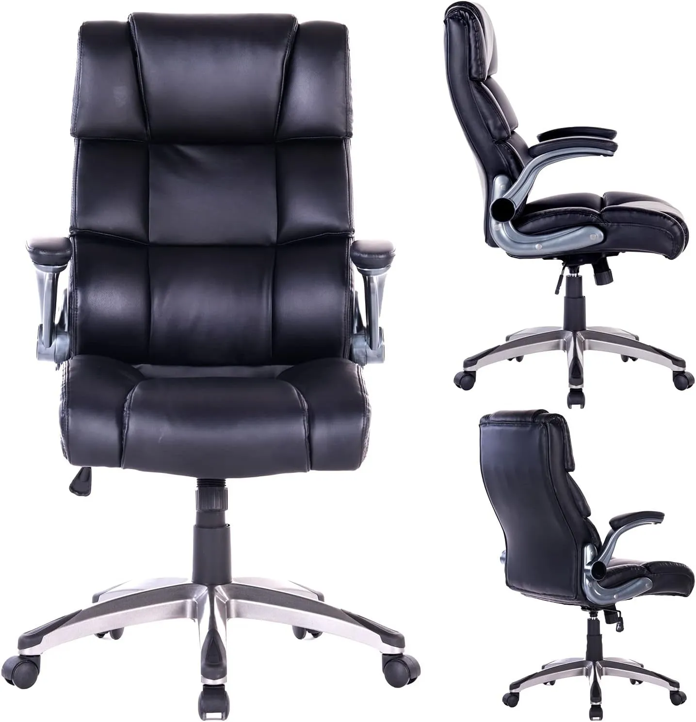 Office Chair,Adjustable Computer Chair PU Leather Swivel Task Chair Flip-Up Armrests Ergonomic Desk Chair with Thick Padded Lumbar Support (9028-Balck)