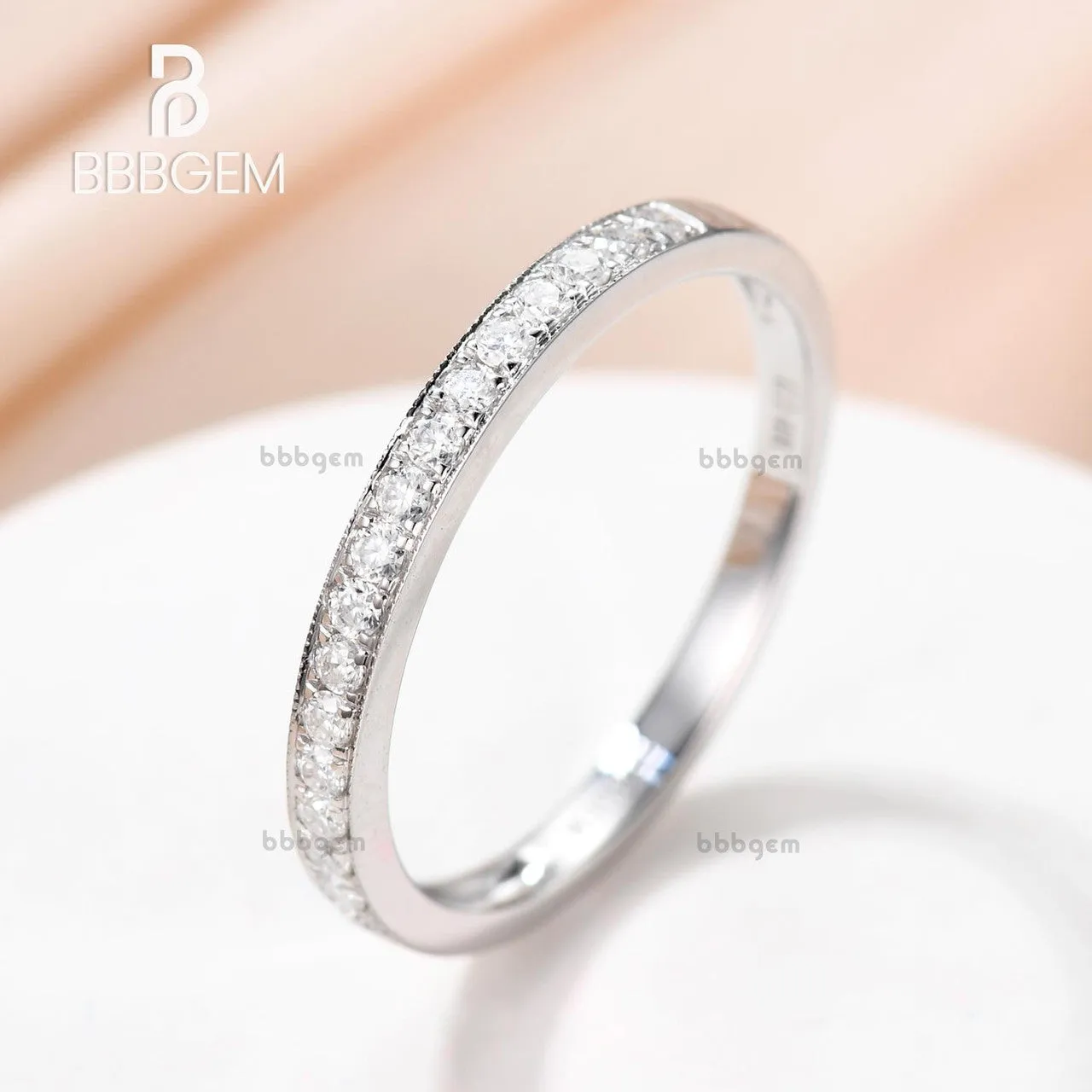 Petite set Moissanite Matching Band in 14k White gold Half Eternity wedding ring Anniversay promise ring