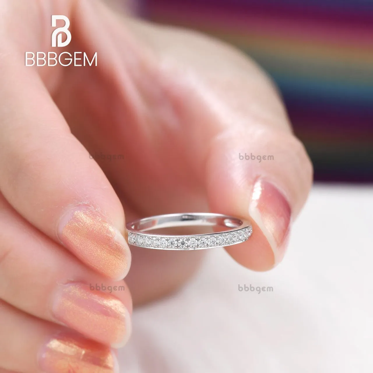 Petite set Moissanite Matching Band in 14k White gold Half Eternity wedding ring Anniversay promise ring