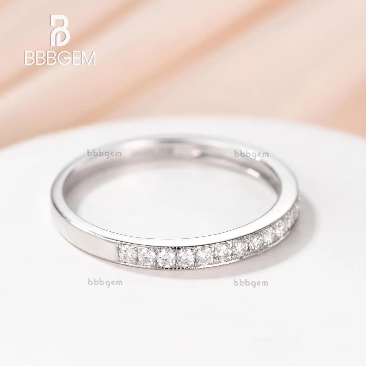 Petite set Moissanite Matching Band in 14k White gold Half Eternity wedding ring Anniversay promise ring