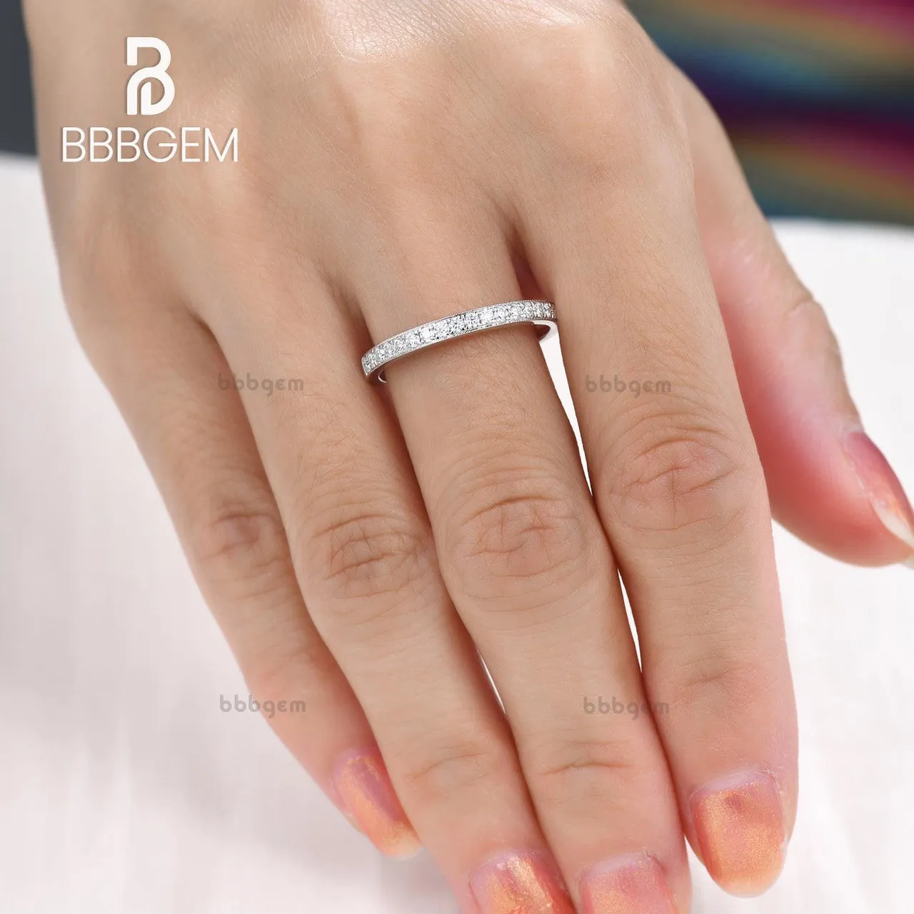 Petite set Moissanite Matching Band in 14k White gold Half Eternity wedding ring Anniversay promise ring
