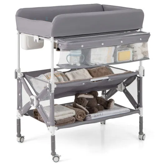 Portable Baby Changing Table With Wheels and Large Storage Rack-Gray