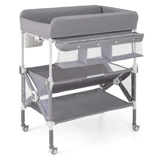Portable Baby Changing Table With Wheels and Large Storage Rack-Gray
