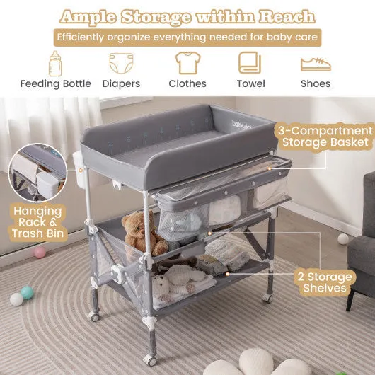 Portable Baby Changing Table With Wheels and Large Storage Rack-Gray