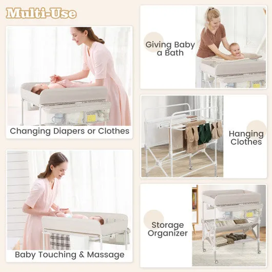 Portable Baby Changing Table With Wheels and Large Storage Rack-Natural