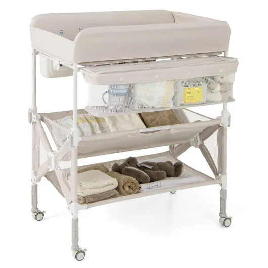 Portable Baby Changing Table With Wheels and Large Storage Rack-Natural
