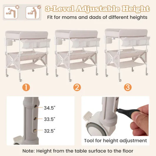 Portable Baby Changing Table With Wheels and Large Storage Rack-Natural