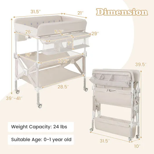 Portable Baby Changing Table With Wheels and Large Storage Rack-Natural
