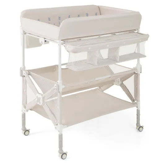 Portable Baby Changing Table With Wheels and Large Storage Rack-Natural