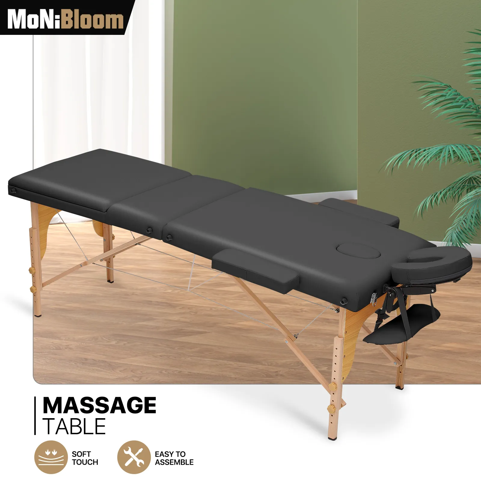 Portable Massage Table - Adjustable Height 24.5" to 33.5" - Tilt Back - Wooden Frame